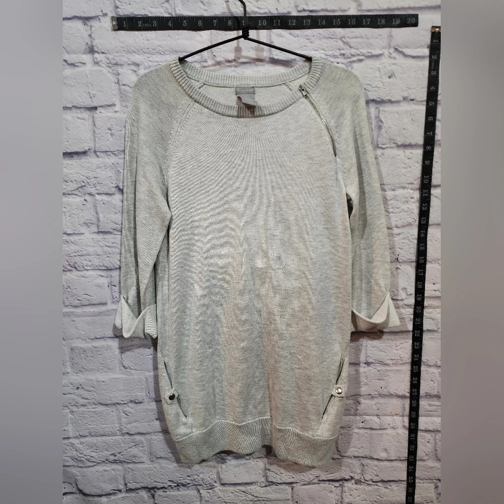 Tahari soft light gray sweater with zipper and button accents. Size Large NEW